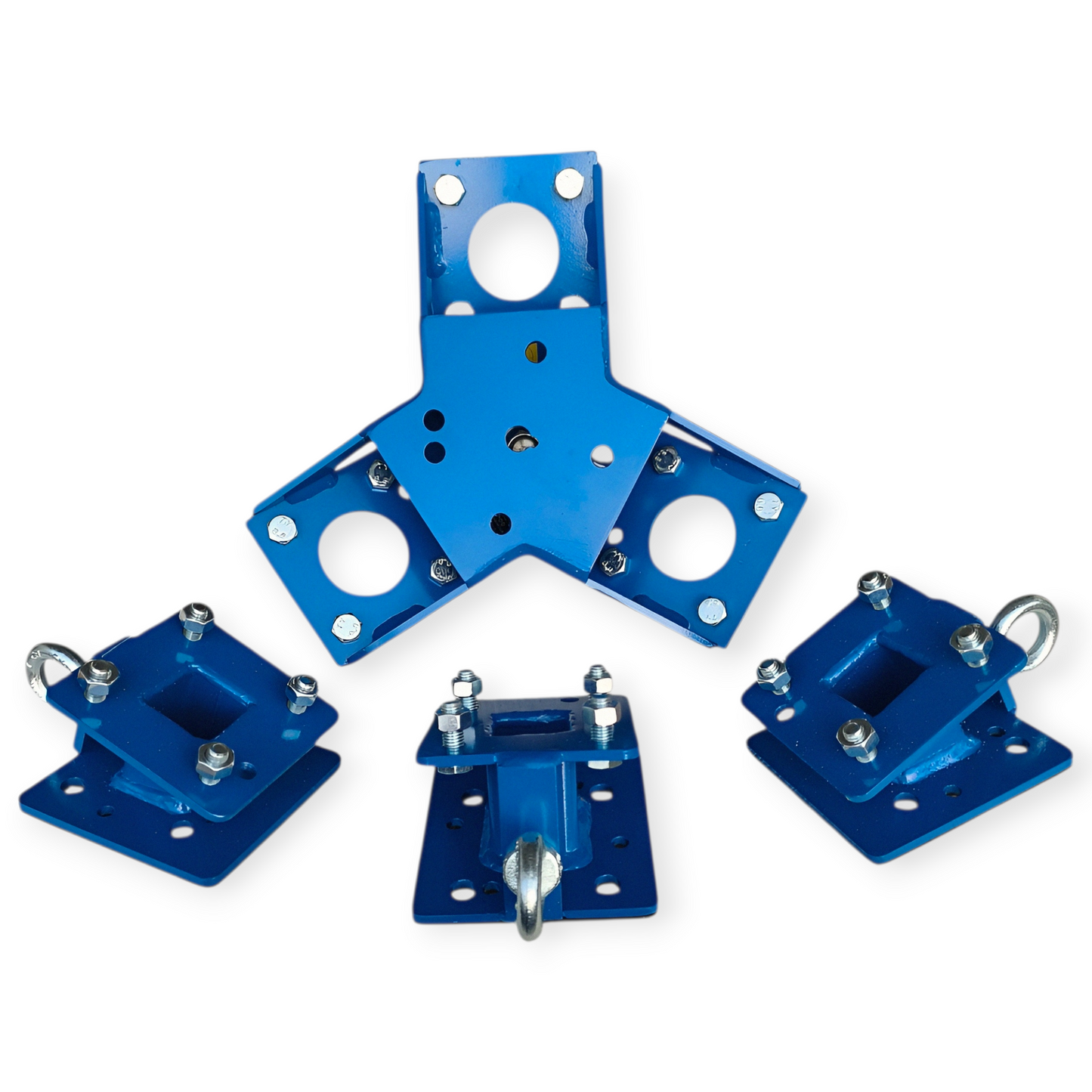 Bautri-System Rescue – Blauer Dreiarm-Zentralkopf ohne Bodenplatten, Draufsicht auf weißem Hintergrund