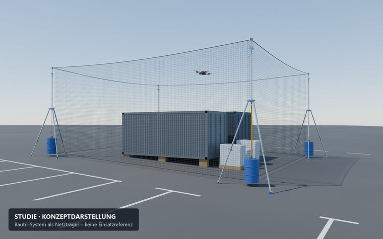 Studie: Bautri-Dreibeine aus Baustützen mit aufgesetzter vierter Stütze tragen ein Drohnenschutznetz über Containern auf Asphalt – Konzeptdarstellung
