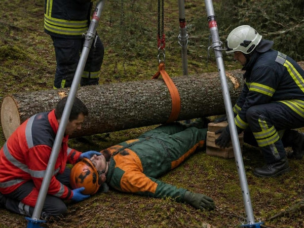 KI-generierte Darstellung: Idee Waldunfall – Bautri-Rescue-Dreibein über einem Baumstamm, unter dem eine Person liegt (Szenario nicht erprobt)