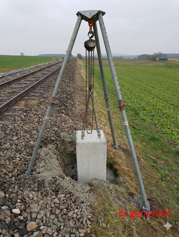 KI-generierte Darstellung: Bautri Work richtet ein Betonfundament an einer Bahnstrecke aus