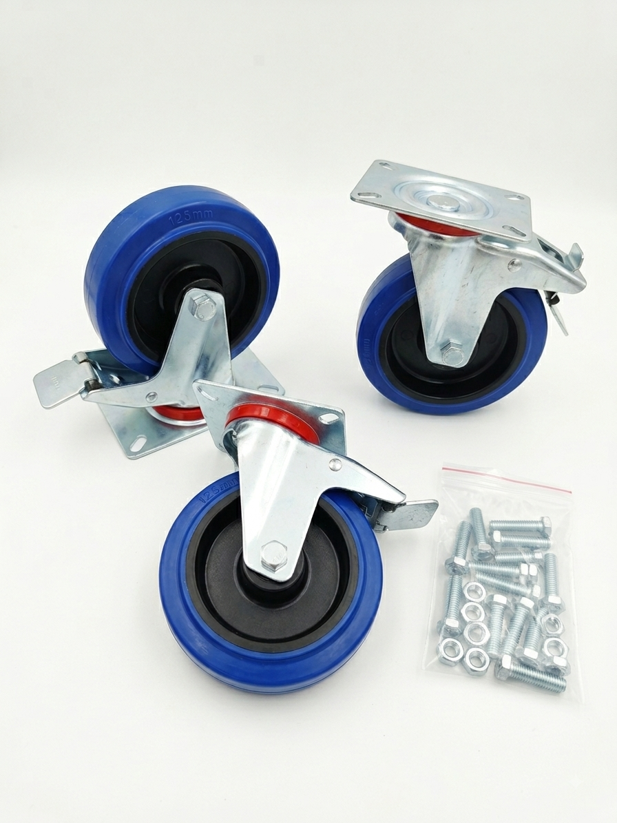 Set aus drei Lenkrollen 125 mm mit Feststellbremse und beiliegenden Befestigungsschrauben